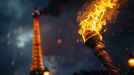 Olympic torch burning, illustration for Olympic games in summer 2024 imagined by AI generative - not the actual event.の素材