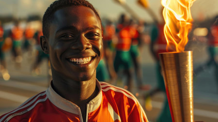 Black sports man carries a torch with the Olympic flame, the opening ceremony of the Olympic Games.の素材