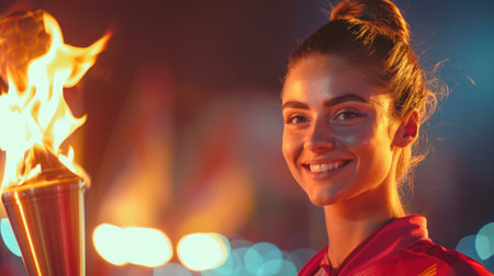 European sports woman carries a torch with the Olympic flame, the opening ceremony of the Olympic Games.の素材