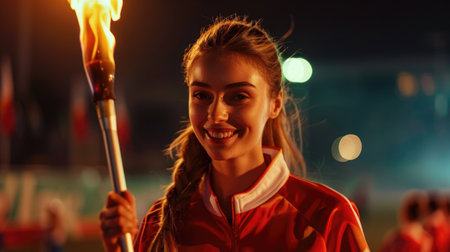 European sports woman carries a torch with the Olympic flame, the opening ceremony of the Olympic Games.の素材