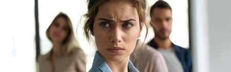 Hilarious manager looking at camera. Colleagues standing behind her. Portraitの素材