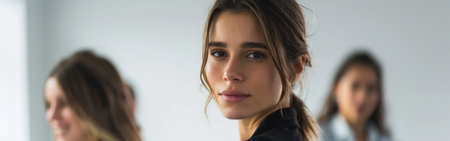 Hilarious manager looking at camera. Colleagues standing behind her. Portraitの素材