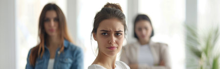 Hilarious manager looking at camera. Colleagues standing behind her. Portraitの素材