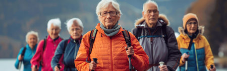 Senior people doing nordic walking outdoorsの素材