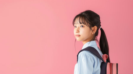 A cheerful smiling Asian little girl with a backpack is having fun on the background of a pink wall and points to your text. The concept of the school. back to school.の素材