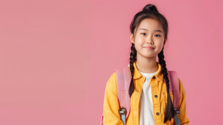 A cheerful smiling Asian little girl with a backpack is having fun on the background of a pink wall and points to your text. The concept of the school. back to school.の素材