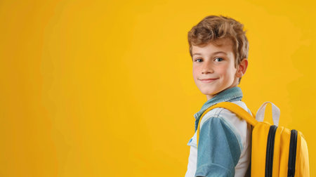 A cheerful smiling caucasian young schoolboy with a backpack is having fun on the background of a yellow wall and points to your text. The concept of the school. back to school.の素材