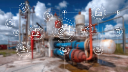 Industry 4.0 concept with icons on the background of oil refineryの写真素材