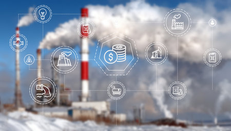 Concept of industry 4.0 with icons on the background of the factoryの写真素材