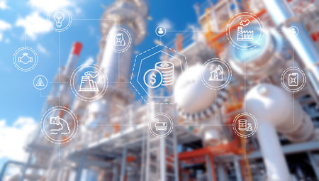 Industry 4.0 concept with icons on blurred oil refinery backgroundの写真素材