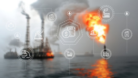 Industry 4.0 concept with icons on the background of the oil and gas industry.の写真素材