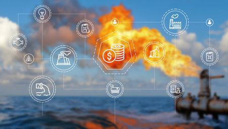 Industry 4.0 concept with icons on the background of the sea.の写真素材
