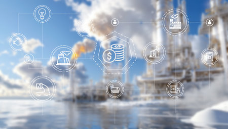 Industry 4.0 concept with icons on the background of the oil refineryの写真素材
