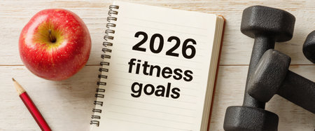 A notepad displays the words 2026 fitness goals next to a green apple and dumbbells on a wooden surface. This scene captures motivation and determination as the new year beginsの素材
