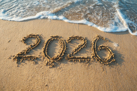 Numbers representing 2026 are written in soft sand at the beach, while gentle waves lap at the shoreline, signaling the arrival of the New Year and the spirit of celebrationの素材