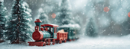 A charming miniature train travels through a snowy backdrop, surrounded by evergreen bushes adorned with red berries, celebrating the festive spirit of New Year's Eve and Christmasの素材