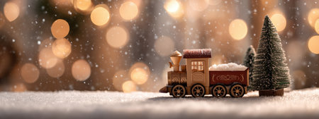 A charming miniature train travels through a snowy backdrop, surrounded by evergreen bushes adorned with red berries, celebrating the festive spirit of New Year's Eve and Christmasの素材