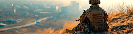 A soldier looks at the city from a high vantage point. AI generated.の素材
