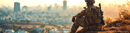 A soldier looks at the city from a high vantage point. AI generated.の素材