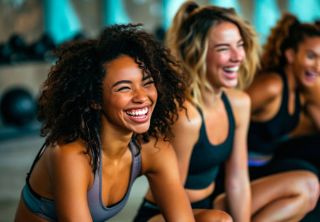 Diverse group of young friends in sportswear smiling and talking together on a gym floor before a workout. AI generated.の素材
