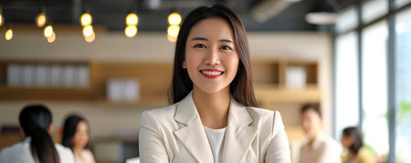 An asian woman stands confidently in an office space with large windows. She is smiling, and there is a busy work atmosphere in the background with colleaguesの素材