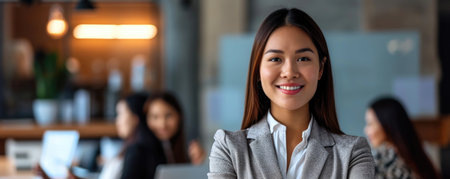 An asian woman stands confidently in an office space with large windows. She is smiling, and there is a busy work atmosphere in the background with colleaguesの素材