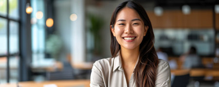 An asian woman stands confidently in an office space with large windows. She is smiling, and there is a busy work atmosphere in the background with colleaguesの素材