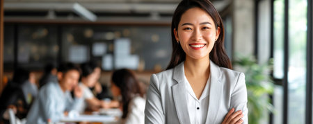 An asian woman stands confidently in an office space with large windows. She is smiling, and there is a busy work atmosphere in the background with colleaguesの素材