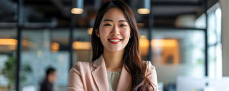 An asian woman stands confidently in an office space with large windows. She is smiling, and there is a busy work atmosphere in the background with colleaguesの素材