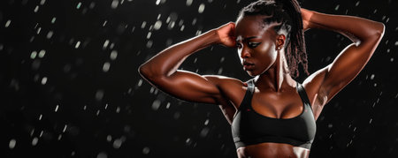 Athletic woman with strong abdominal muscles posing. Muscular pumped woman after workout. AI generated.の素材