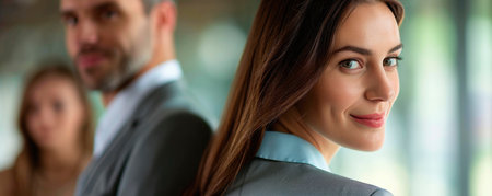 A woman turns her head to look back in an office setting. Colleagues are sitting at a table, talking to each other. Natural light fills the room and highlights the atmosphereの素材