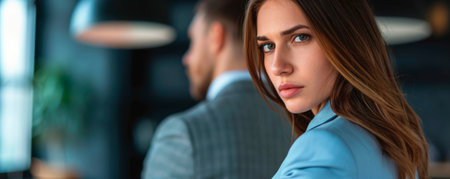 A woman turns her head to look back in an office setting. Colleagues are sitting at a table, talking to each other. Natural light fills the room and highlights the atmosphereの素材