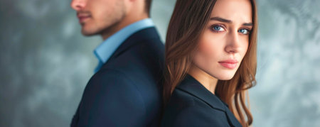 A woman turns her head to look back in an office setting. Colleagues are sitting at a table, talking to each other. Natural light fills the room and highlights the atmosphereの素材