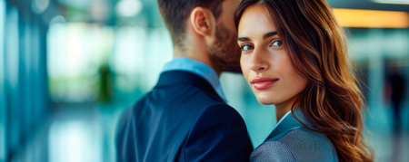 A woman turns her head to look back in an office setting. Colleagues are sitting at a table, talking to each other. Natural light fills the room and highlights the atmosphereの素材