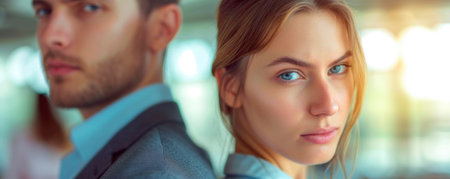 A woman turns her head to look back in an office setting. Colleagues are sitting at a table, talking to each other. Natural light fills the room and highlights the atmosphereの素材