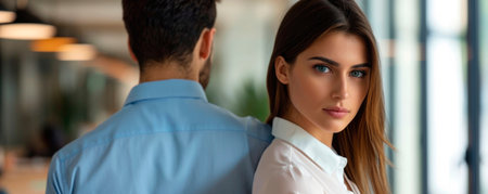 A woman turns her head to look back in an office setting. Colleagues are sitting at a table, talking to each other. Natural light fills the room and highlights the atmosphereの素材