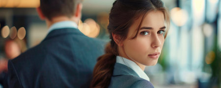 A woman turns her head to look back in an office setting. Colleagues are sitting at a table, talking to each other. Natural light fills the room and highlights the atmosphereの素材