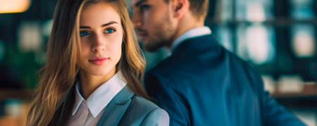 A woman turns her head to look back in an office setting. Colleagues are sitting at a table, talking to each other. Natural light fills the room and highlights the atmosphereの素材