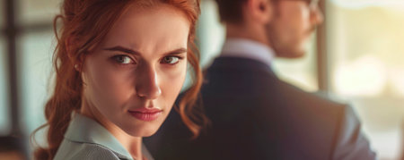 A woman turns her head to look back in an office setting. Colleagues are sitting at a table, talking to each other. Natural light fills the room and highlights the atmosphereの素材