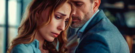 Female abuse. Nice cheerless unhappy woman sitting in the office and looking at the male hand while being sexually harassed. AI generated.の素材