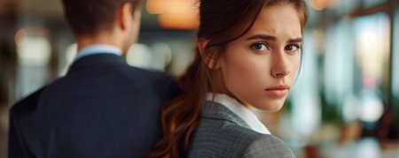 Female abuse. Nice cheerless unhappy woman sitting in the office and looking at the male hand while being sexually harassed. AI generated.の素材