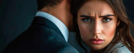 Female abuse. Nice cheerless unhappy woman sitting in the office and looking at the male hand while being sexually harassed. AI generated.の素材