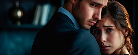 Female abuse. Nice cheerless unhappy woman sitting in the office and looking at the male hand while being sexually harassed. AI generated.の素材