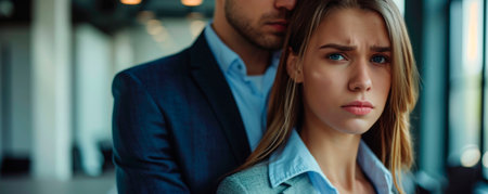 Female abuse. Nice cheerless unhappy woman sitting in the office and looking at the male hand while being sexually harassed. AI generated.の素材