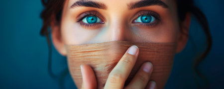 scared girl with tape on her mouth looking at cameraの素材