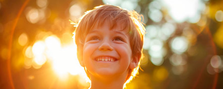Close up portrait of little boy smiling in backlight. AI generated.の素材