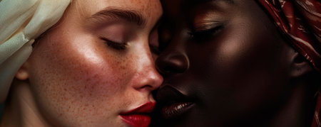 Sexy lesbian lovers kissing, foreplay. Closeup of pair women mouths kissing. Sensual lips kisses of two beautiful sexy lesbian women on a dark background. AI generated.の素材