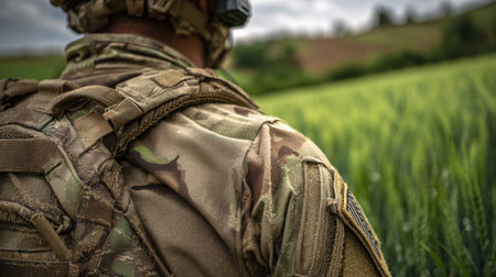 A soldier wearing camouflage stands in a verdant field, attentively observing the surroundings, signaling a state of alert during a military mission in a rural setting.の素材