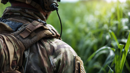 A soldier wearing camouflage stands in a verdant field, attentively observing the surroundings, signaling a state of alert during a military mission in a rural setting.の素材