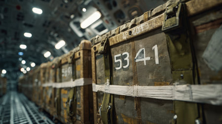 Inside a military transport aircraft, rows of green cargo crates are stacked securely. The environment showcases an organized layout, ensuring safe transportation of items.の素材